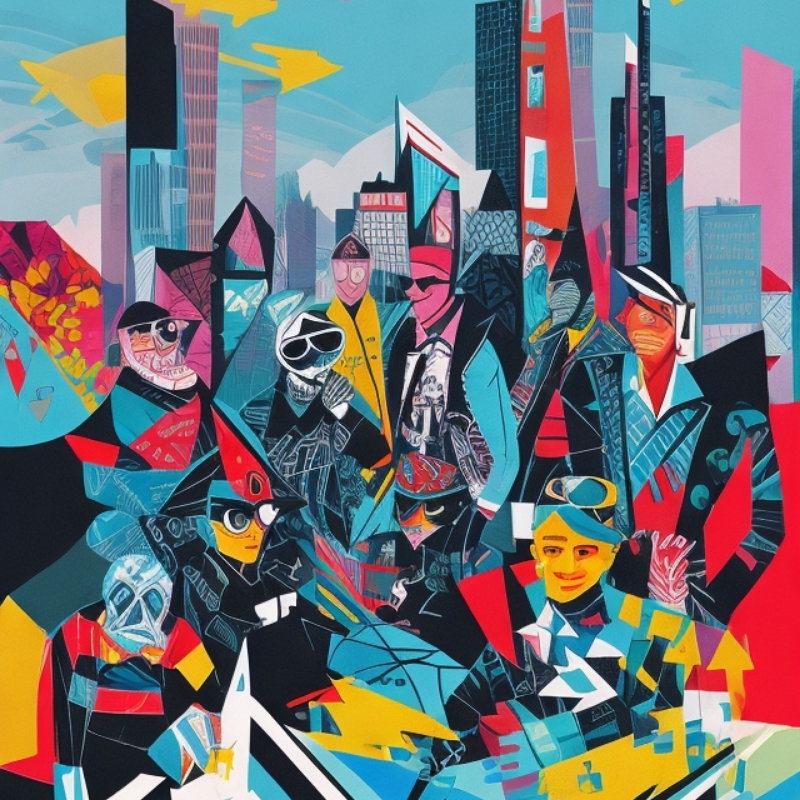 Eine farbenfrohe, kreative Illustration einer Gruppe stilisierter Figuren in verschiedenen Posen, gekleidet in moderne, urbane Kleidung mit Akzenten von futuristischen Accessoires, vor einem Hintergrund, der eine abstrakte Darstellung der Stadt Frankfurt ist.